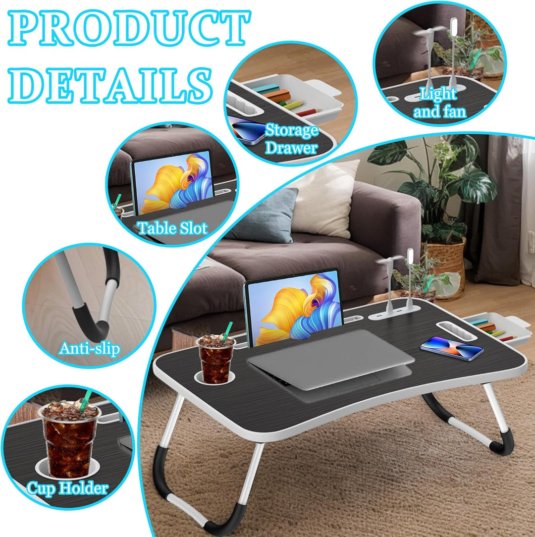 Soontrans Laptoptisch, 60 x 40 x 28 cm, Laptop Tisch mit Schublade, Getränkehalter, Kleiner Ventilat