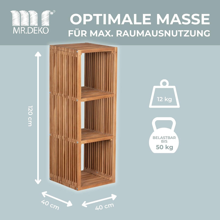 MR. DEKO Outdoor Regal wetterfest 120x40cm 3 Fächer Gartenregal Teak Gross | Holz Garten-Ablage Balk