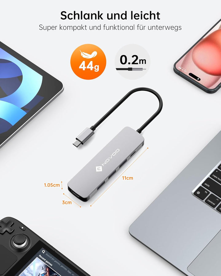 NOVOO USB C Hub Adapter MacBook Pro/Air M1 Adapter mit 4K HDMI,100W PD,3 x USB 3.0 Anschlüsse Alumin