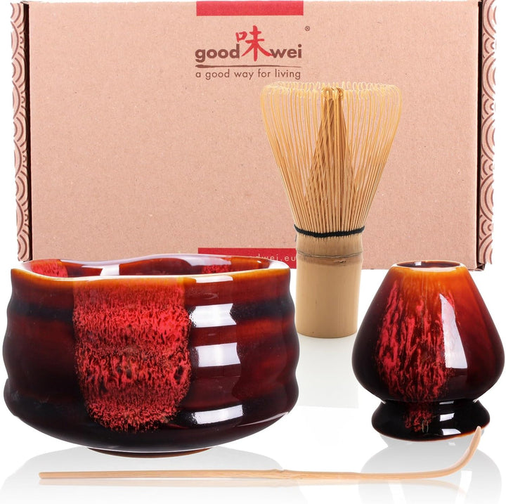Goodwei Japanisches Matcha Komplett-Set mit hochwertiger Teeschale (Akai, 80) Akai 80, Akai 80