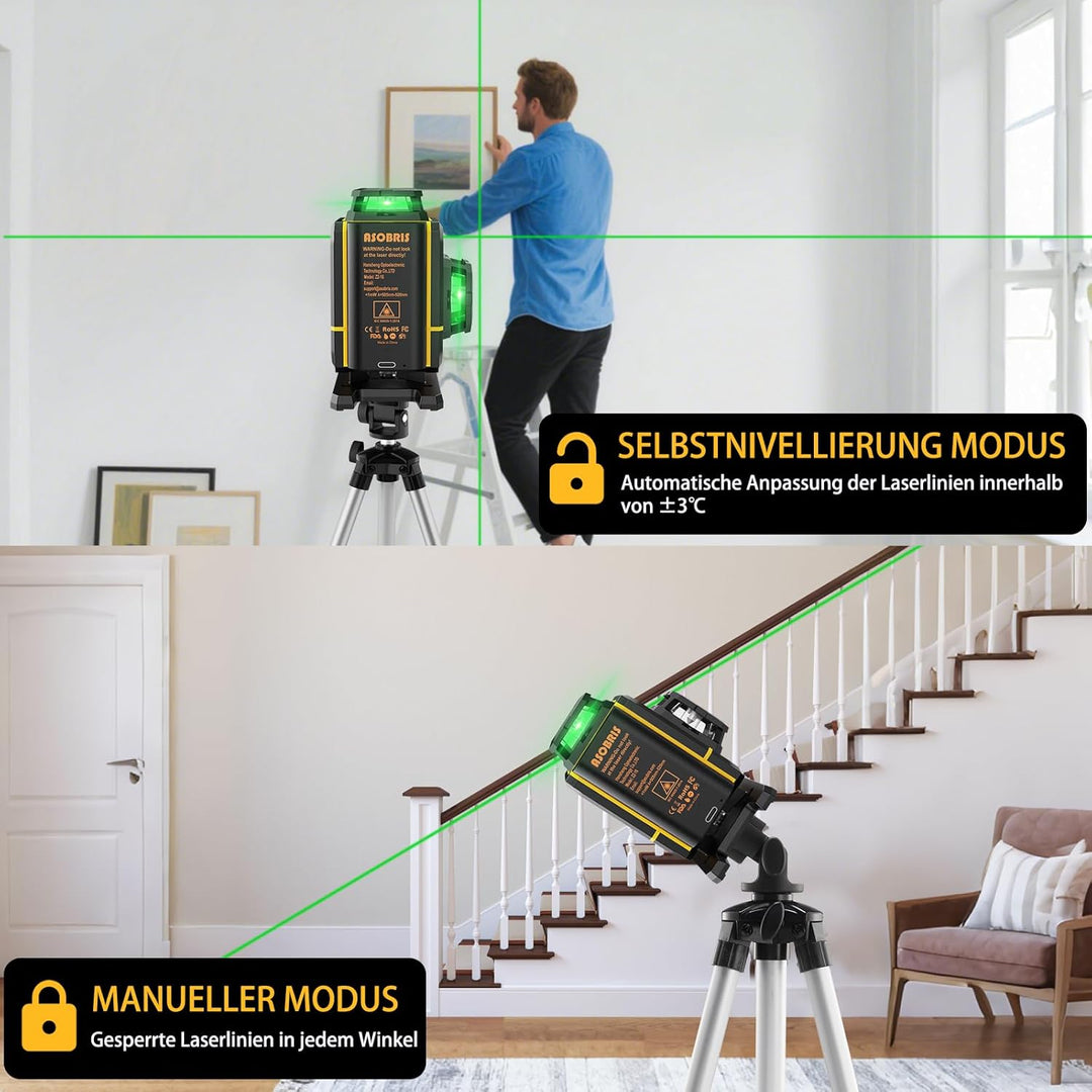 Kreuzlinienlaser mit Stativ,ASOBRIS 16 Linienlaser Selbstnivellierend Laser Wasserwaage mit 2x2400mA