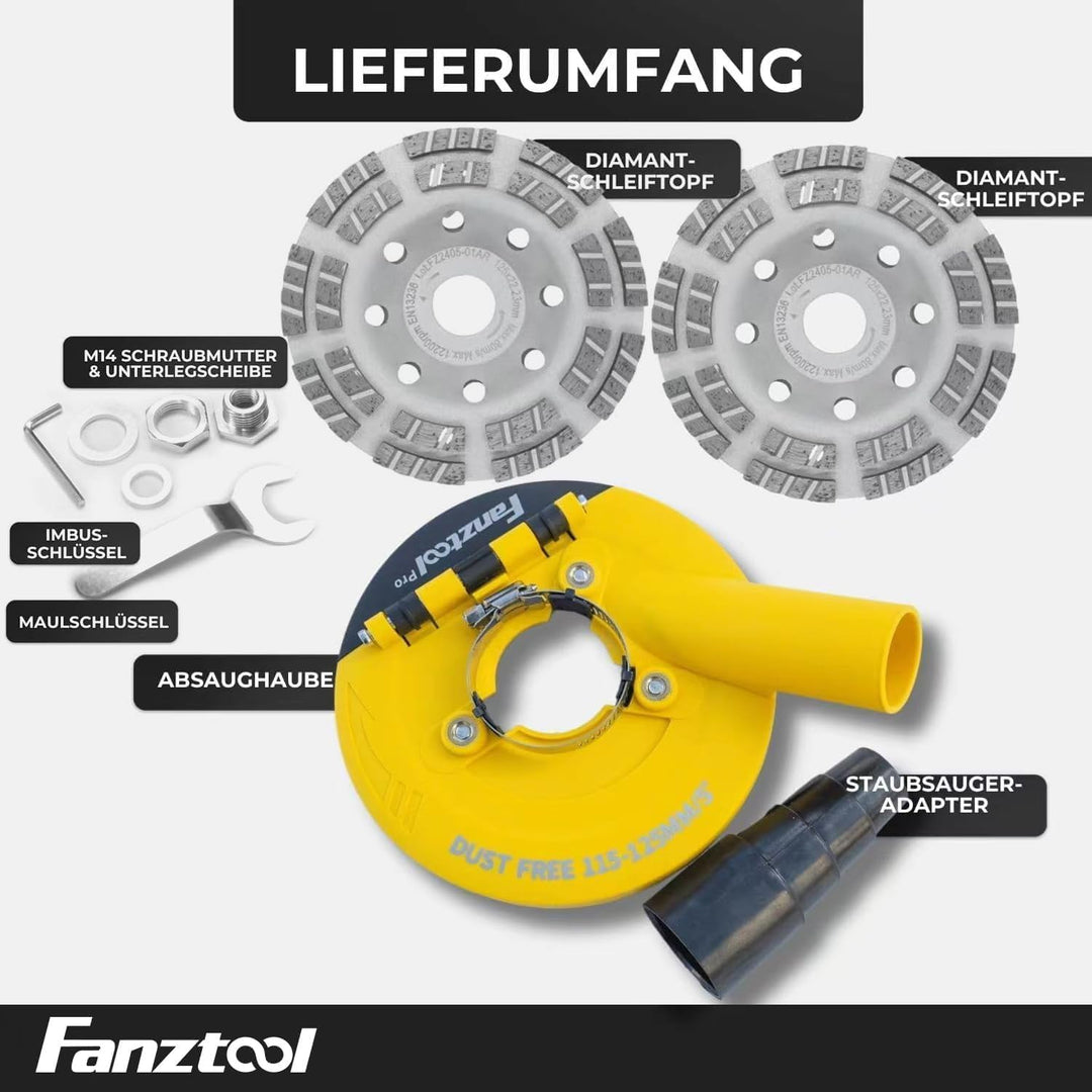 FANZTOOL universal Absaughaube für Winkelschleifer 125mm + Diamantschleiftopf (mit Schleiftopf x 2)