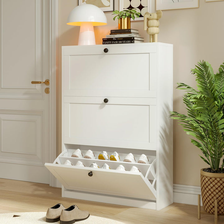 VOWNER Schuhschrank mit 3 Klappen, Schuhregal Schuhkipper Schmal, Schuhschrank Weiss, mit 6 Fächern,