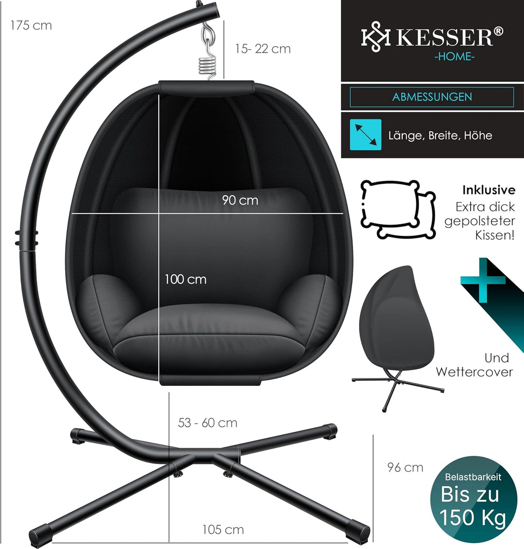 KESSER® Luxe Hängesessel mit Gestell + weiches Sitzkissen und Abdeckung, Seitenpolsterung, Rückenkis