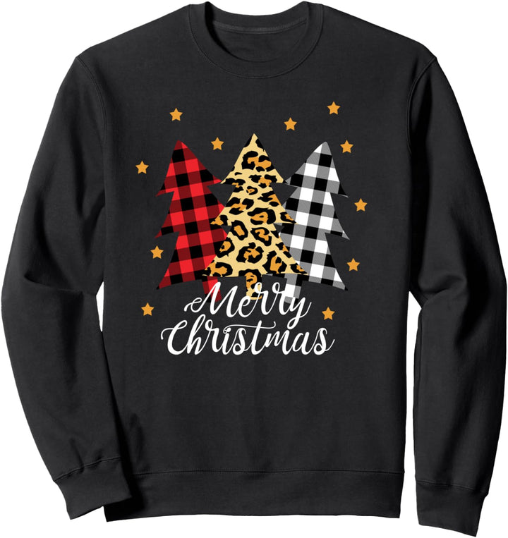 Cute Christmas Trees White Red Buffalo Plaid Leopard Print Sweatshirt