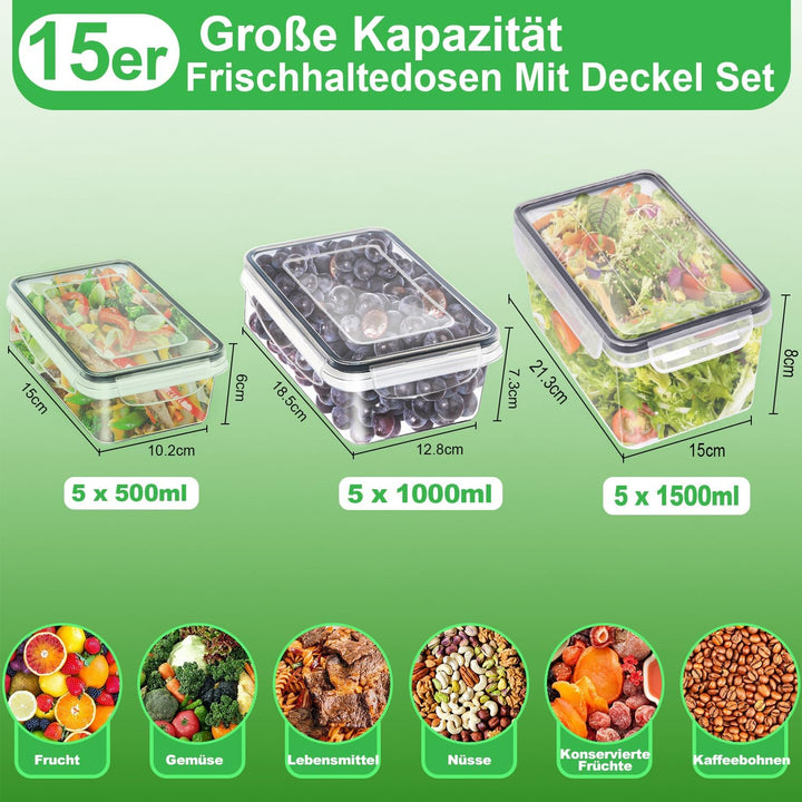 Kottwca Frischhaltedosen mit Deckel Set, 15 Stücke Grosse Kapazität Tupperdosen Set (5x0,5L+5x1,0L+5