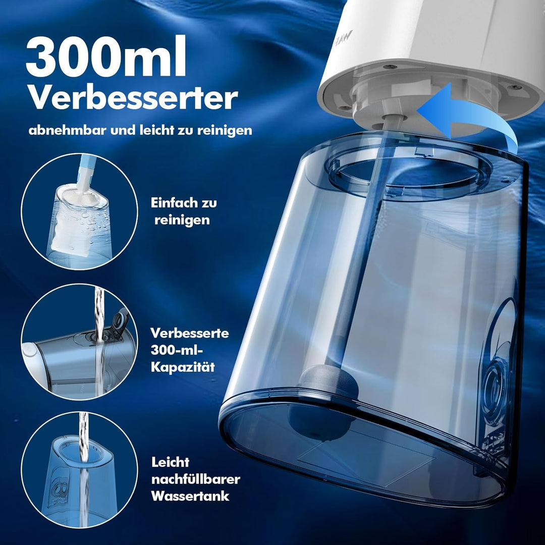Munddusche Kabellos Elektrisch, Tragbarer Water Flosser mit 5 Modi & 4 Jet-Düsen, 300ML Wassertank,