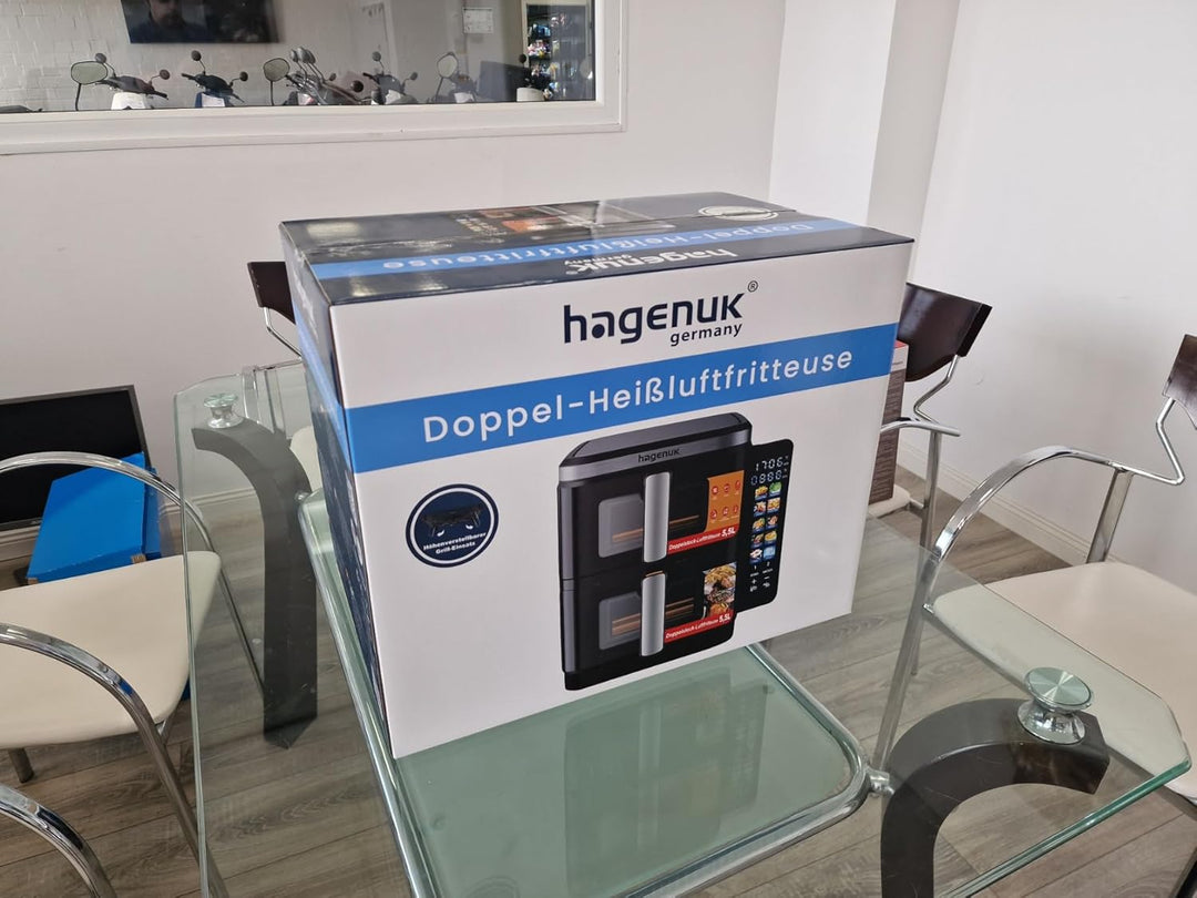 Premium Doppel-Heissluftfritteuse 2×5,5L mit Sichtfenster, 10 Programmen, Grill-Einsatz, Touchdispla