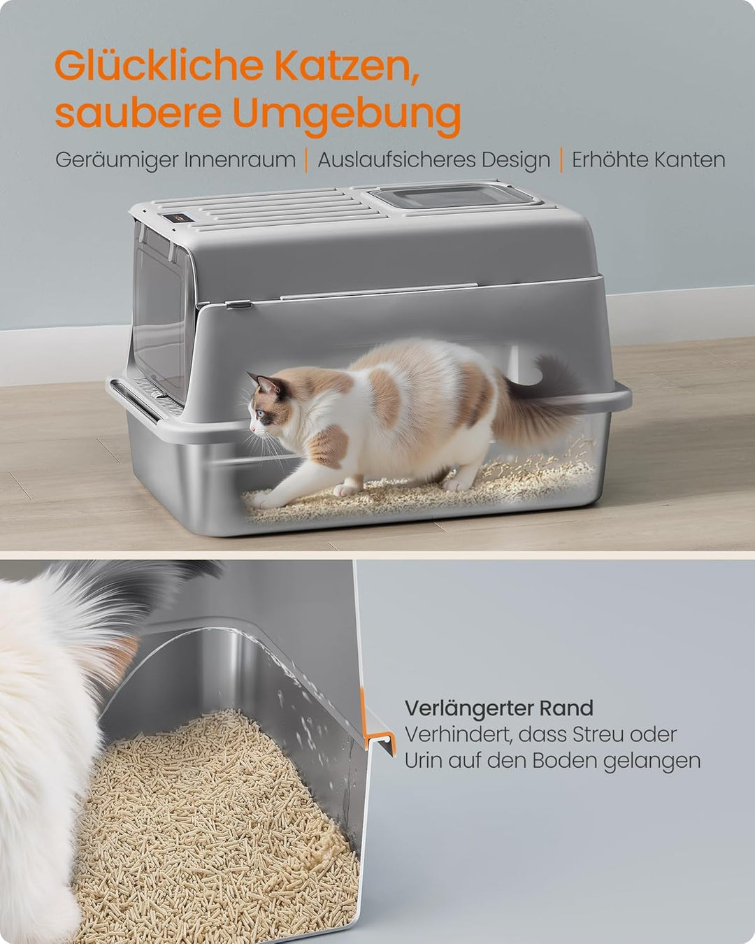 Feandrea Katzenklo Edelstahl, Katzentoilette mit Deckel, mit Schaufel, Katzenstreumatte und 2 Eingän