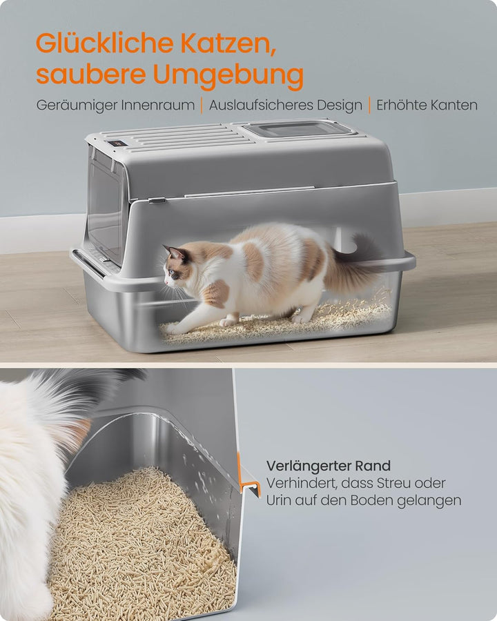 Feandrea Katzenklo Edelstahl, Katzentoilette mit Deckel, mit Schaufel, Katzenstreumatte und 2 Eingän