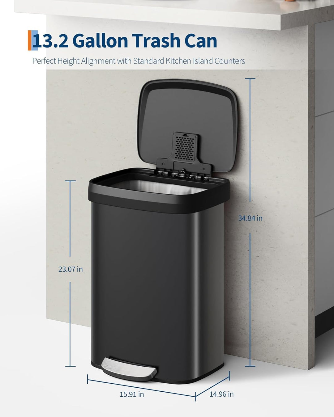 GarveeHome 50L Metall Mülleimer mit Deckel, grosser Tretmülleimer, Mülleimer Küche, rostfrei, mit Be