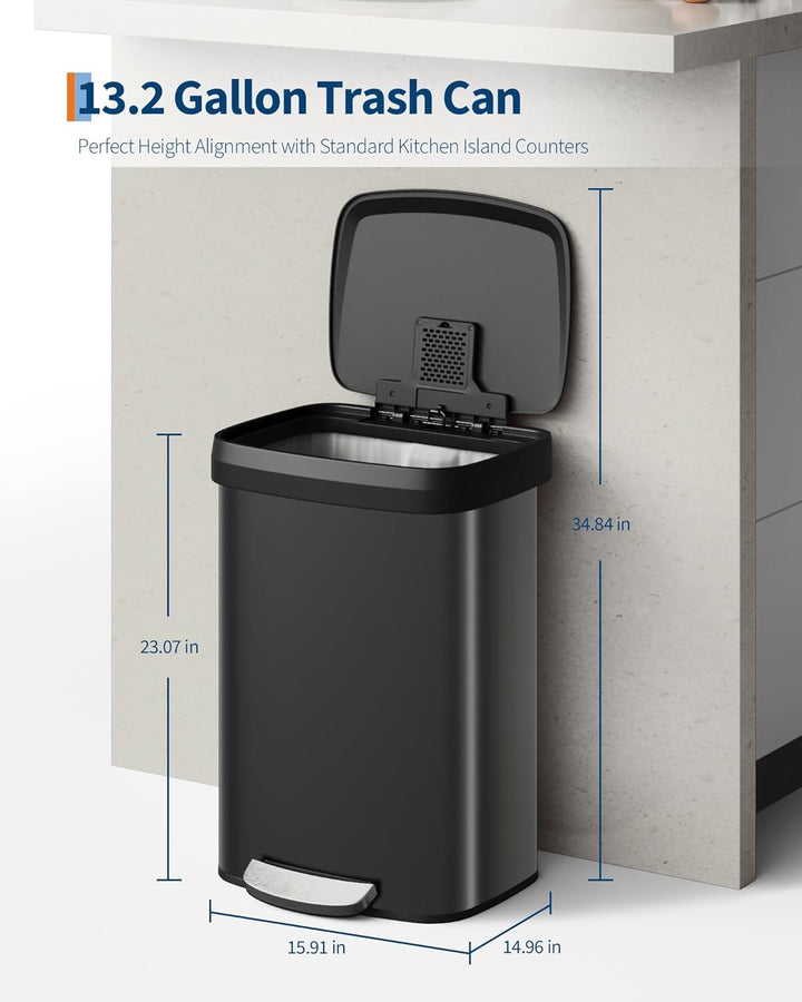 GarveeHome 50L Metall Mülleimer mit Deckel, grosser Tretmülleimer, Mülleimer Küche, rostfrei, mit Be