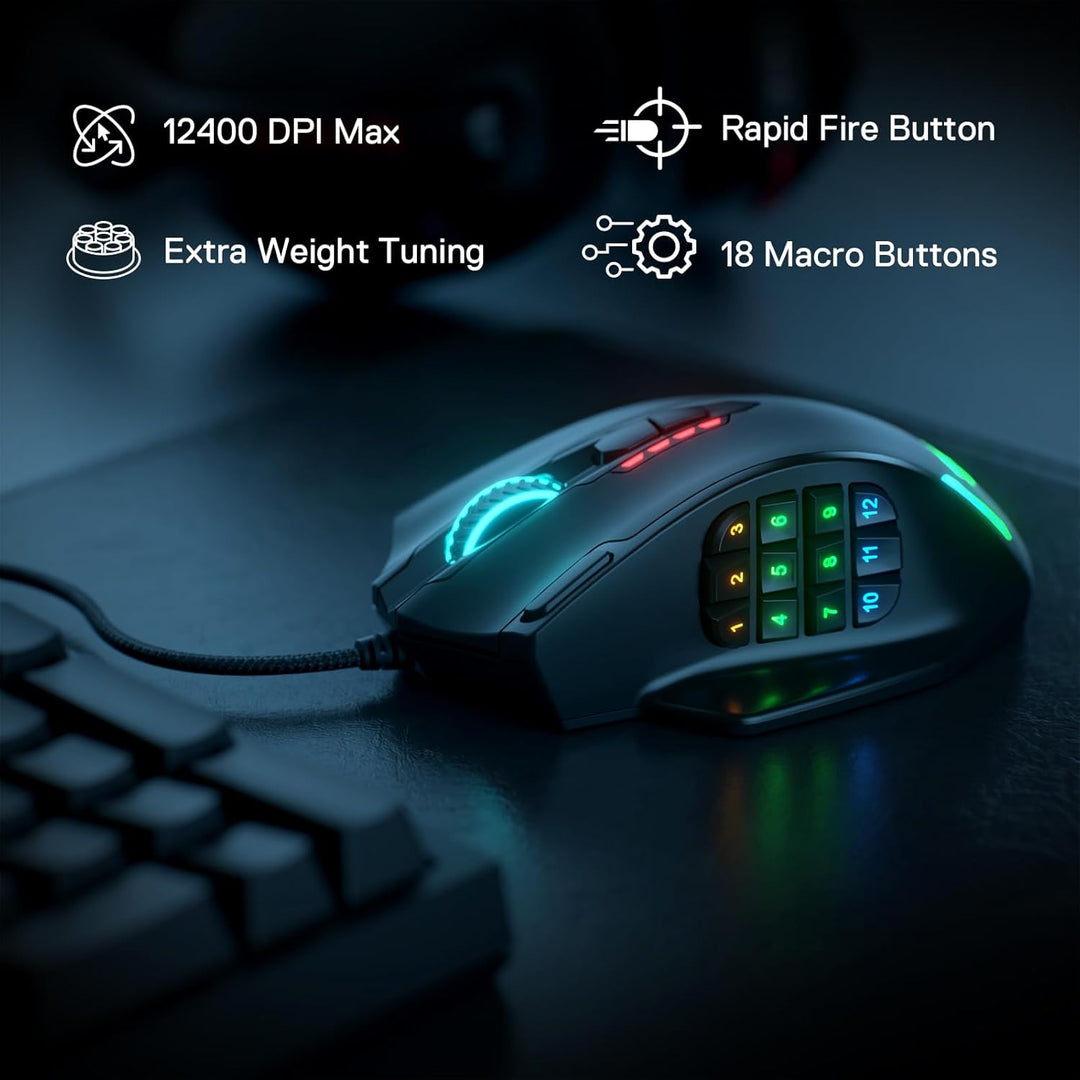 Redragon M908 Impact RGB LED MMO Maus USB Laser Gaming Maus mit 12400dpi, Hohe Präzision, 20 program