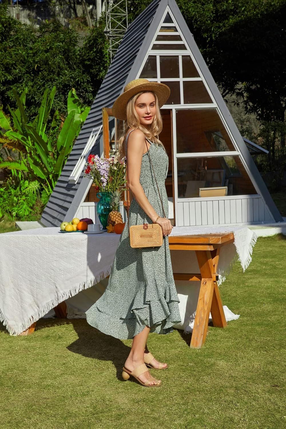 GRACE KARIN Damen langes Blumenkleid Ärmellos Spaghettiträger Freizeitkleid Böhmisch Maxikleid Stran