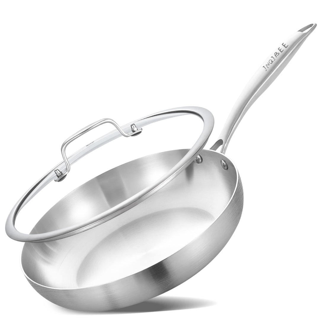 Inqibee Edelstahlpfanne Bratpfanne Unbeschichtet 24 cm mit Deckel - Pfanne Edelstahl, Stainless Stee