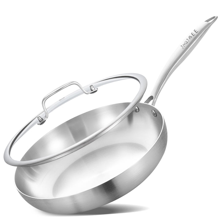 Inqibee Edelstahlpfanne Bratpfanne Unbeschichtet 24 cm mit Deckel - Pfanne Edelstahl, Stainless Stee