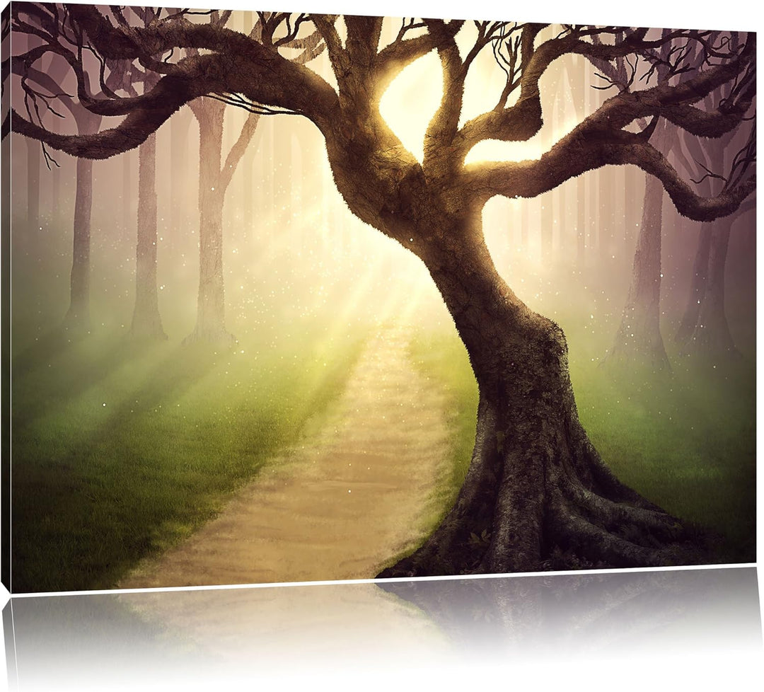 Riesiger Baum am Waldweg, Format: 100x70 auf Leinwand, XXL riesige Bilder fertig gerahmt mit Keilrah