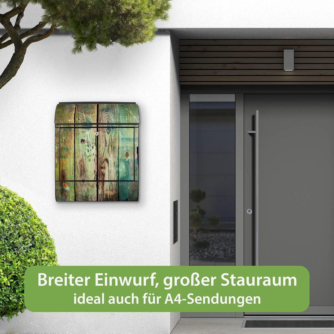 banjado® Design Briefkasten mit Motiv Grünes Holz 39x47x14cm &amp; 2 Schlüssel - Briefkasten Stahl schwa