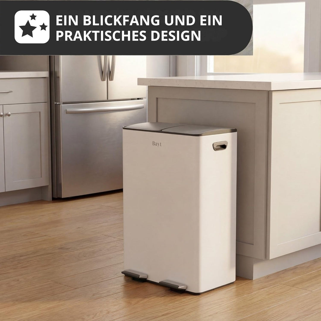 Bayt Mülleimer 2 Fächer - Mülleimer 60 L für Abfalltrennung, Abfälleimer Küche aus Edelstahl, Weiss,