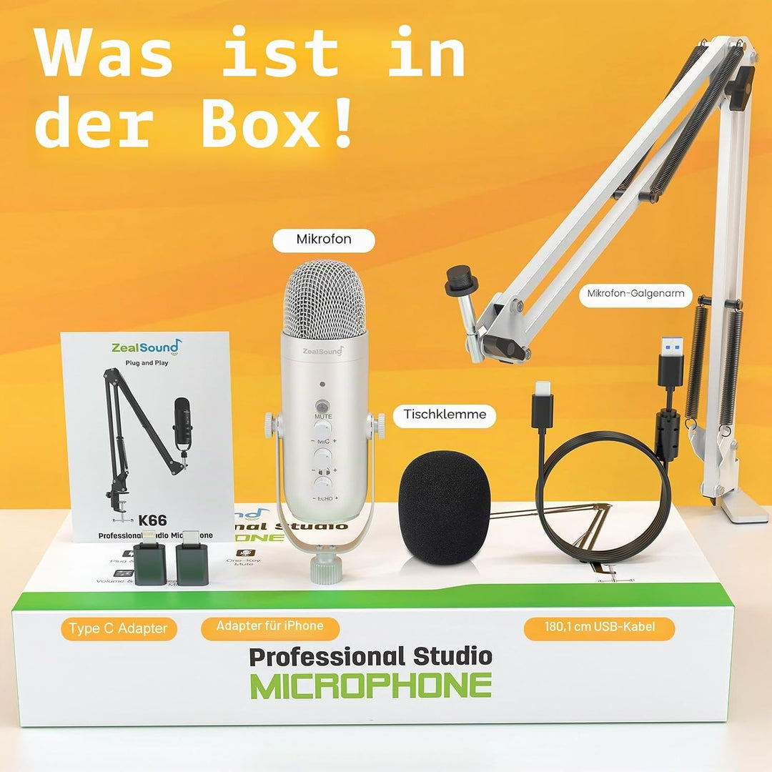 zealsound USB-Mikrofon-Set, k66 Perlweiss Gamging Mikrofon für PC/Mac/Handy/iPhone/PS5, mit Geräusch