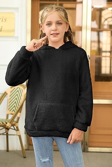 Runcati Pullover Mädchen Kapuzenpullover Fuzzy Teddy Fleece Sweatshirts mit Kapuze Taschen Freizeit
