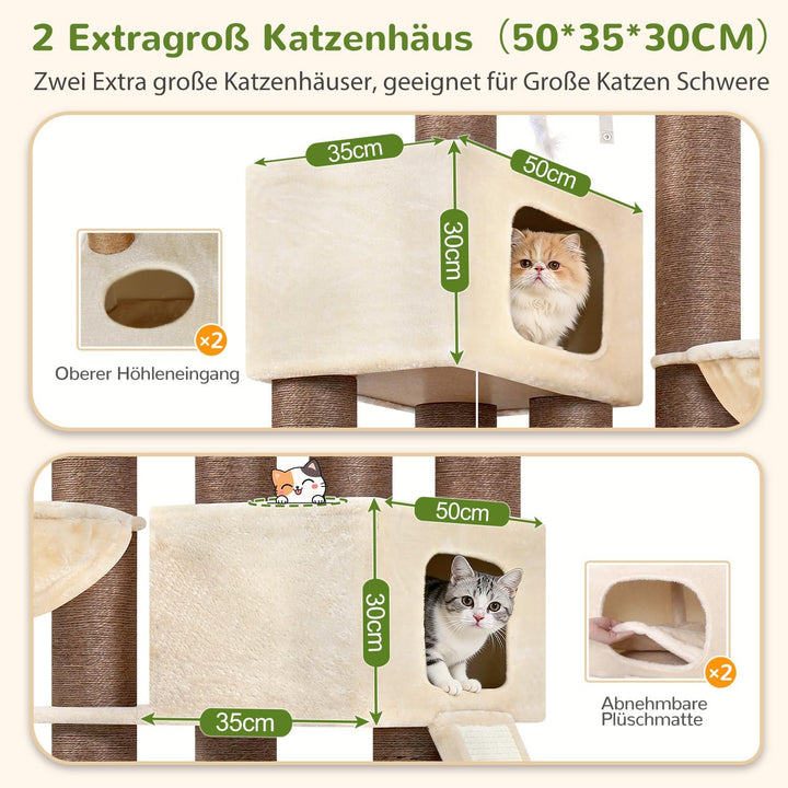 Globlazer Beige Kratzbaum Dicke Stämme 11CM für Grosse Katzen mit 2 Extragross Katzenhaus 50*35*30cm