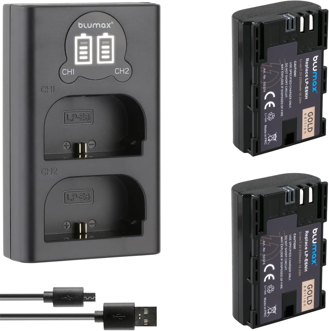 2X Blumax Gold Akku kompatibel mit Canon LP-E6NH (2250mAh) mit Infochip - NTC-Sensor & V1-Gehäuse +