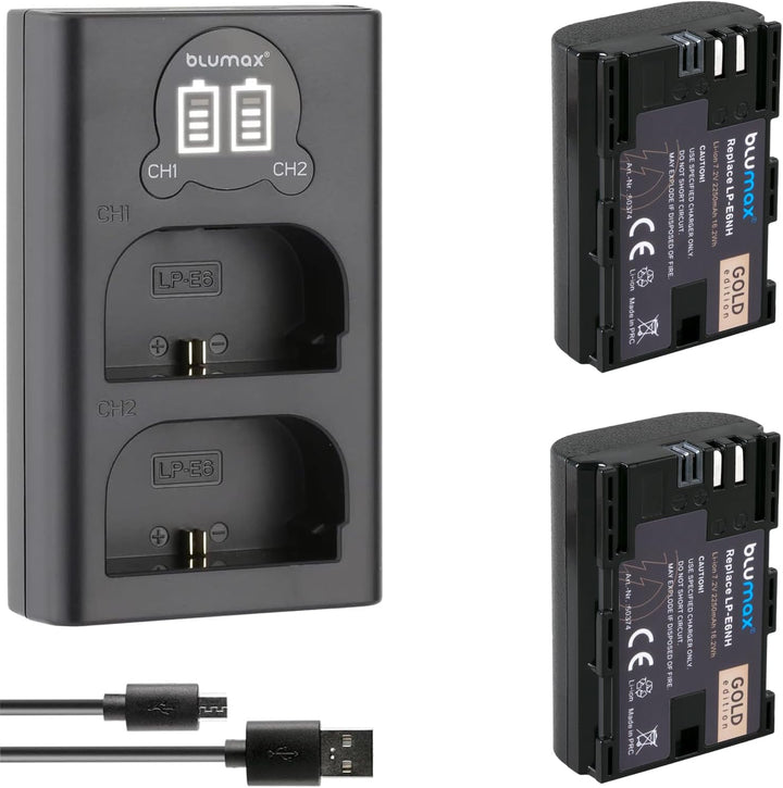 2X Blumax Gold Akku kompatibel mit Canon LP-E6NH (2250mAh) mit Infochip - NTC-Sensor & V1-Gehäuse +