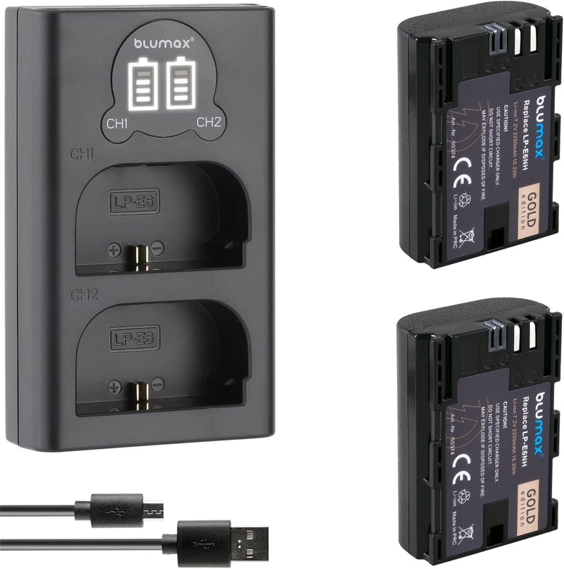 2X Blumax Gold Akku kompatibel mit Canon LP-E6NH (2250mAh) mit Infochip - NTC-Sensor & V1-Gehäuse +