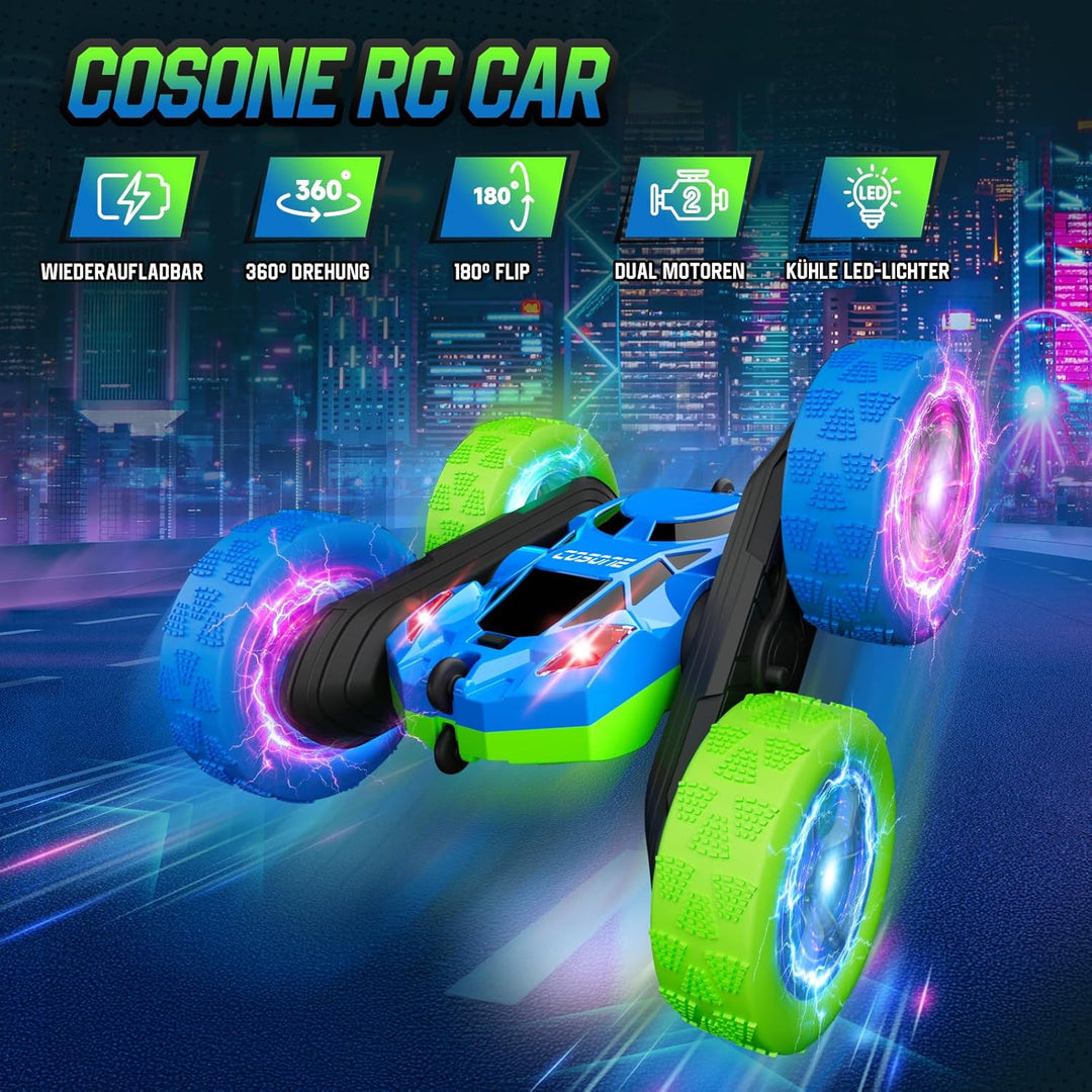 cosone Ferngesteuertes Auto für Kinder RC Stunt Cars mit coolem Rad Lichter 360° drehend Jungen Spie