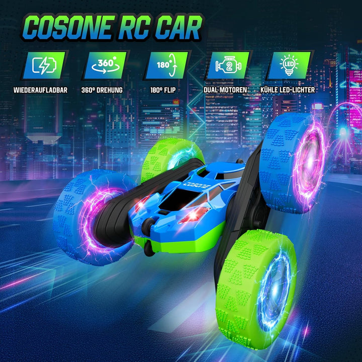 cosone Ferngesteuertes Auto für Kinder RC Stunt Cars mit coolem Rad Lichter 360° drehend Jungen Spie