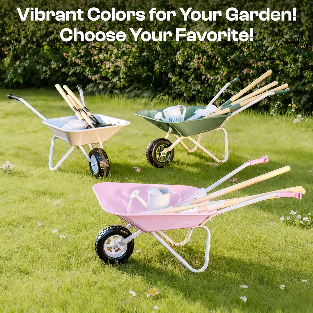 ROBUD Kinder Schubkarre Metall mit Kinder Gartenwerkzeug Set, Schubkarre mit Langer Schaufel, Hacke,
