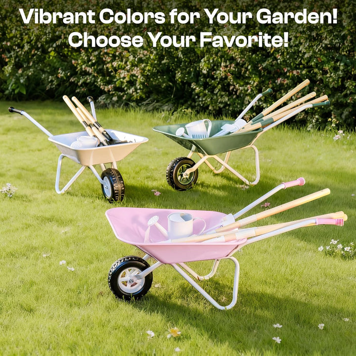 ROBUD Kinder Schubkarre Metall mit Kinder Gartenwerkzeug Set, Schubkarre mit Langer Schaufel, Hacke,