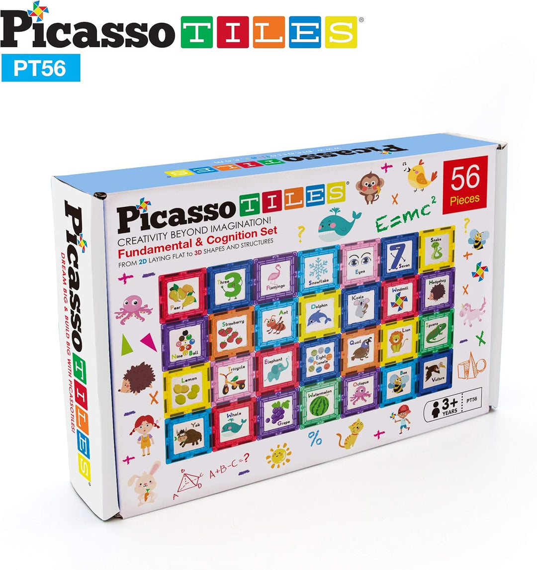 PicassoTiles Magnetische Bausteine mit Kacheln und pädagogischen Grafiken zum Einklicken, Magnet-K
