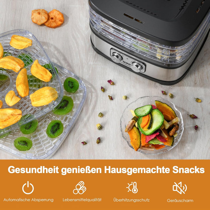 YASHE Dörrautomat, 5 Höhenverstellbare Tabletts, Temperaturregelung 35–70°C, 240W, BPA-Frei, Leiser