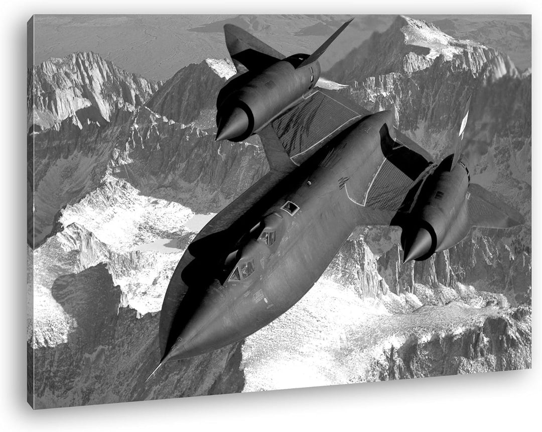 schwarzer Jet über den Bergen Effekt: Schwarz/Weiss im Format: 80x60 als Leinwandbild, Motiv fertig