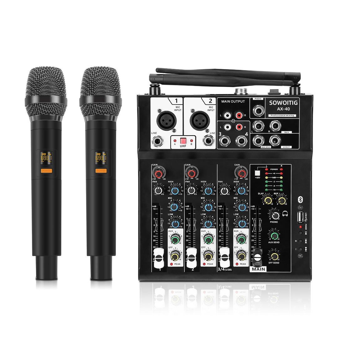 Karaoke Mischpult mit 2 kabellosen Mikrofonen, 4-Kanal Audio Mixer DJ Konsole Musik Soundboard Draht