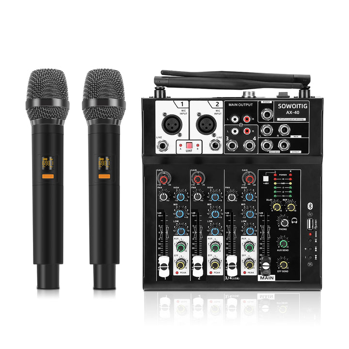 Karaoke Mischpult mit 2 kabellosen Mikrofonen, 4-Kanal Audio Mixer DJ Konsole Musik Soundboard Draht