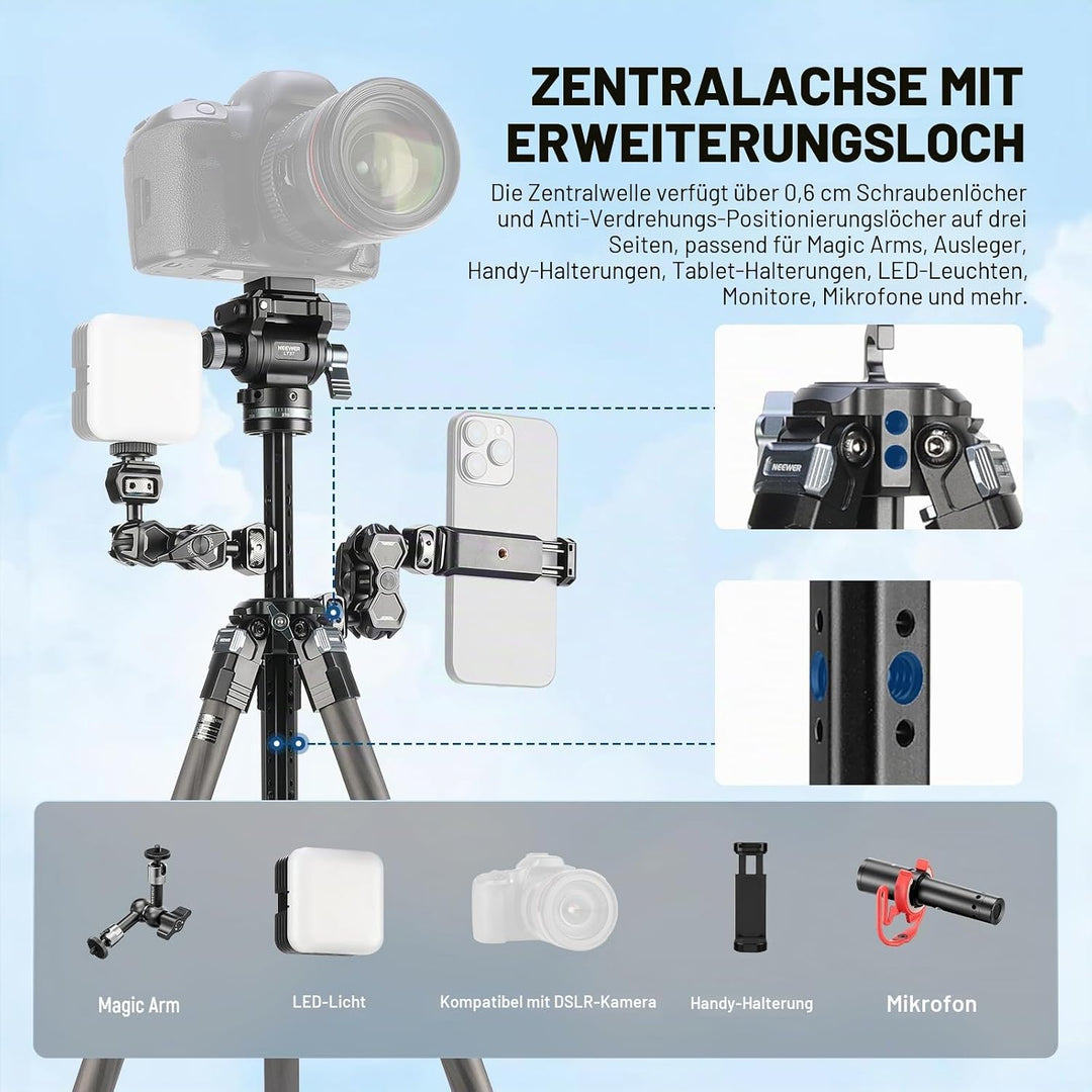 NEEWER 60,4" Reisestativ aus Carbonfaser mit abnehmbarem gedämpftem Fluidkopf, leichtes Video Kamera