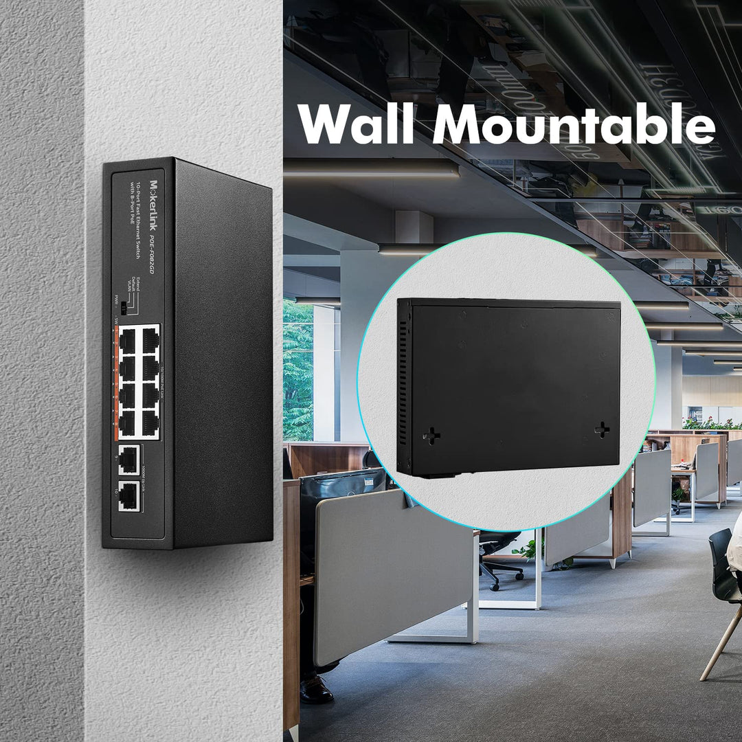MokerLink 10 Port PoE Switch, 8 PoE+ 100Mbps, 2 Gigabit Uplink, 96W 802.3af/at, Lüfterloses Plug & P