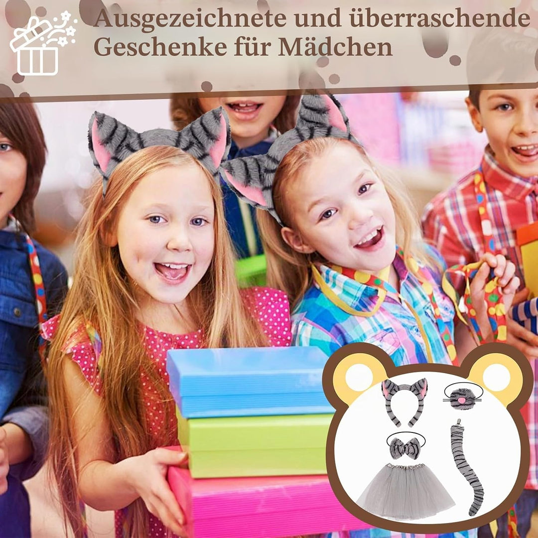 5 Stück getigerte Katzenkostüm-Accessoires für Mädchen, graues Katzenkostüm mit Stirnband, Nase, Fli