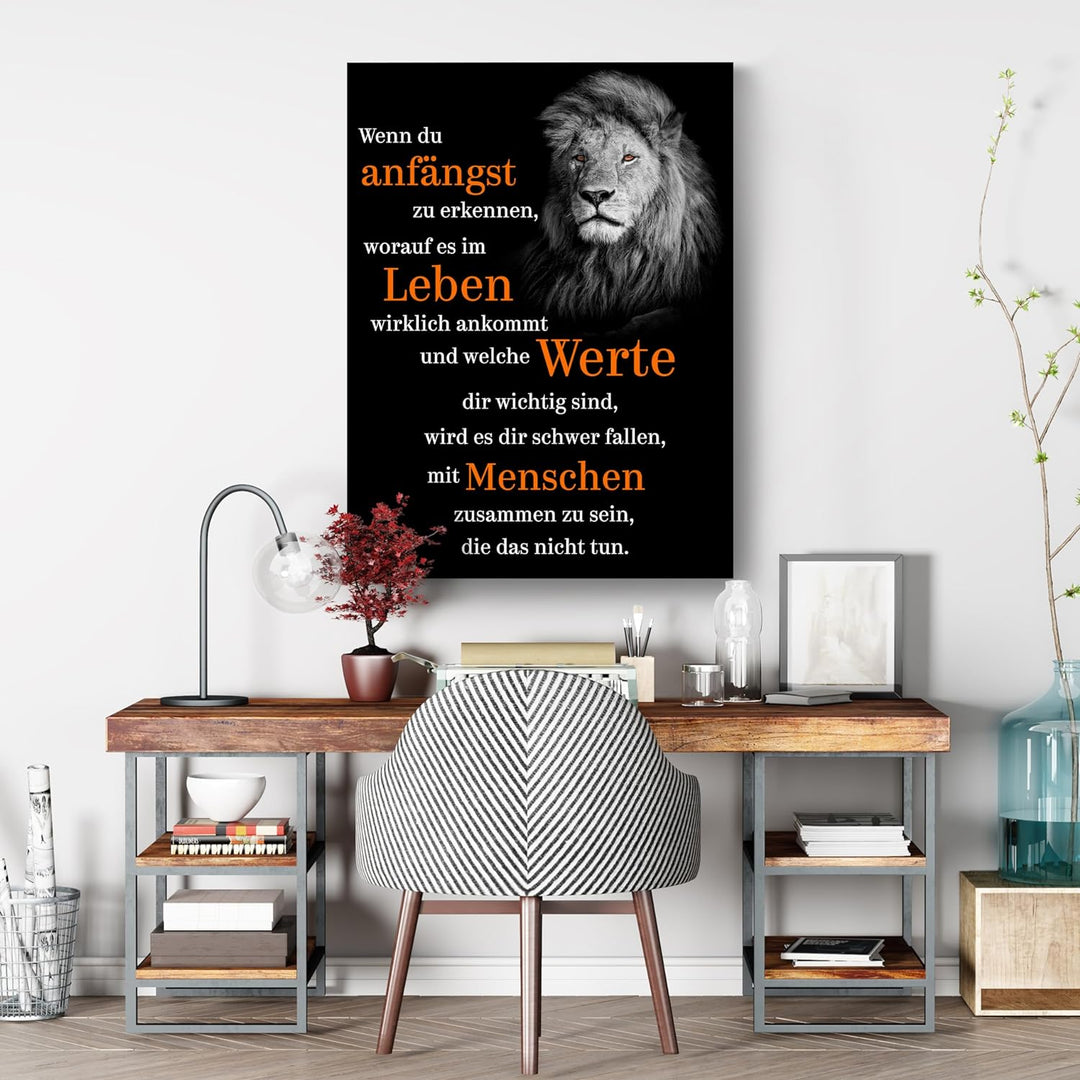 wandmotiv24 Motivations Motiv als Leinwandbild, 40x30cm, Hochformat, welche Werte, Löwe, Orange, Sch