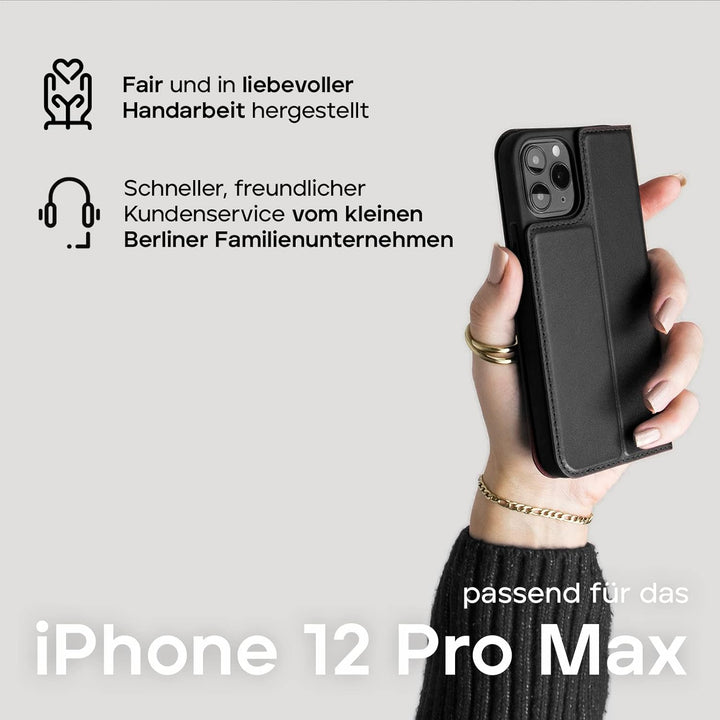 WIIUKA Hülle für iPhone 12 Pro Max Lederhülle, Deutsches Premium Leder, mit Kartenfach, extra Dünn,