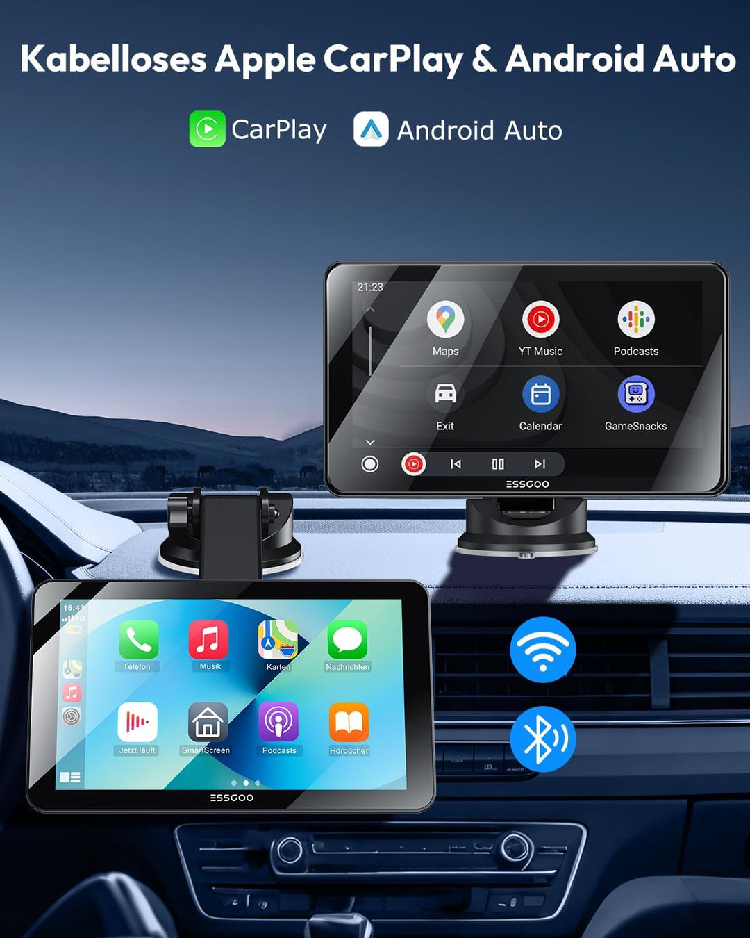 ESSGOO Carplay Android Auto Display mit Rückfahrkamera,7 Zoll Carplay Bildschirm für Apple/Android A