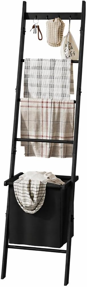 BAMBANG Deckenleiter mit Korb aus Bambus, 5-stufige Anlehnleiter für Decken & Handtücher, Handtuchle