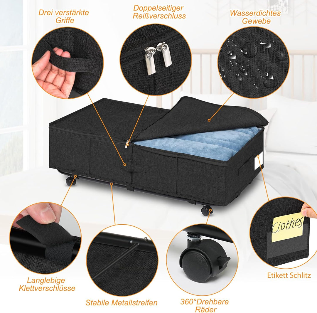 Unterbettkommode gross mit Rollen 360°Drehung, Unterbett Aufbewahrungsbox mit 3 Griffe, Aufbewahrung