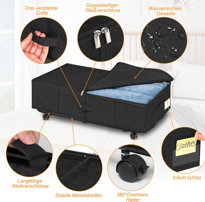 Unterbettkommode gross mit Rollen 360°Drehung, Unterbett Aufbewahrungsbox mit 3 Griffe, Aufbewahrung