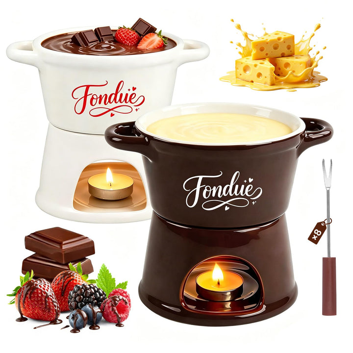 Yoassi 2 Stück Keramik Käsefondue Set, Mini Schokoladenfondue Tasse, Käsebecher mit 8 Gabeln, Schmel