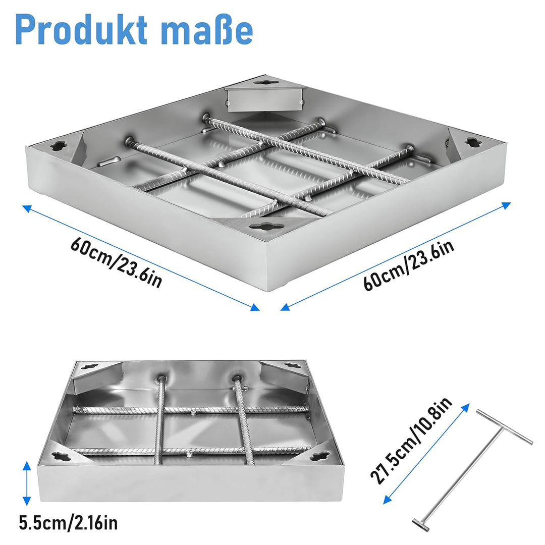 Schachtabdeckung 600 x 600mm mit Rahmen Versenkte 201 Edelstahl Schachtdeckel mit 2 Handgriffe Unsic