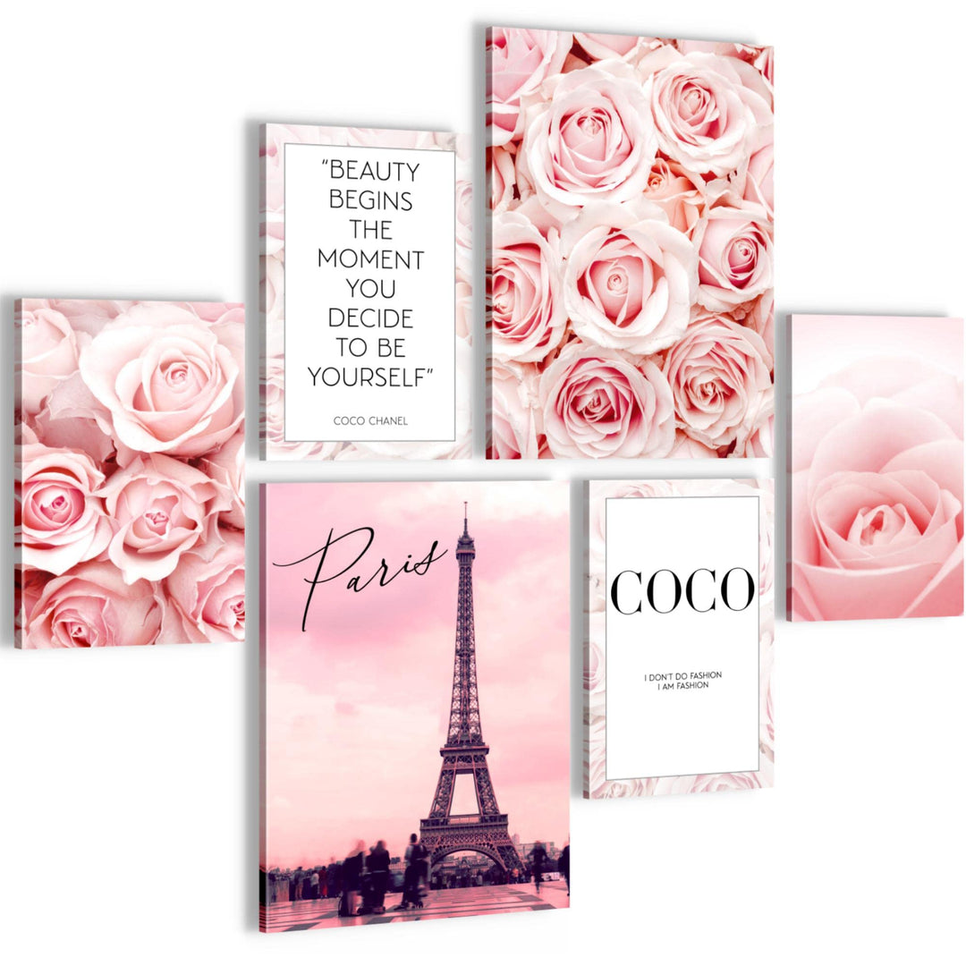 Novart Wandbilder Set Fashion Coco Beauty Rosa Zitate - KEIN EXTRA RAHMEN BENÖTIGT - Modern Deko - M